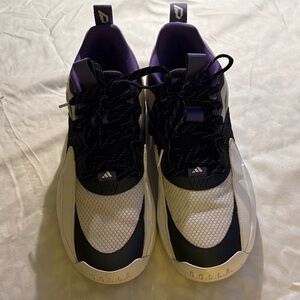 Adidas Dame’s in white and purple rush color way